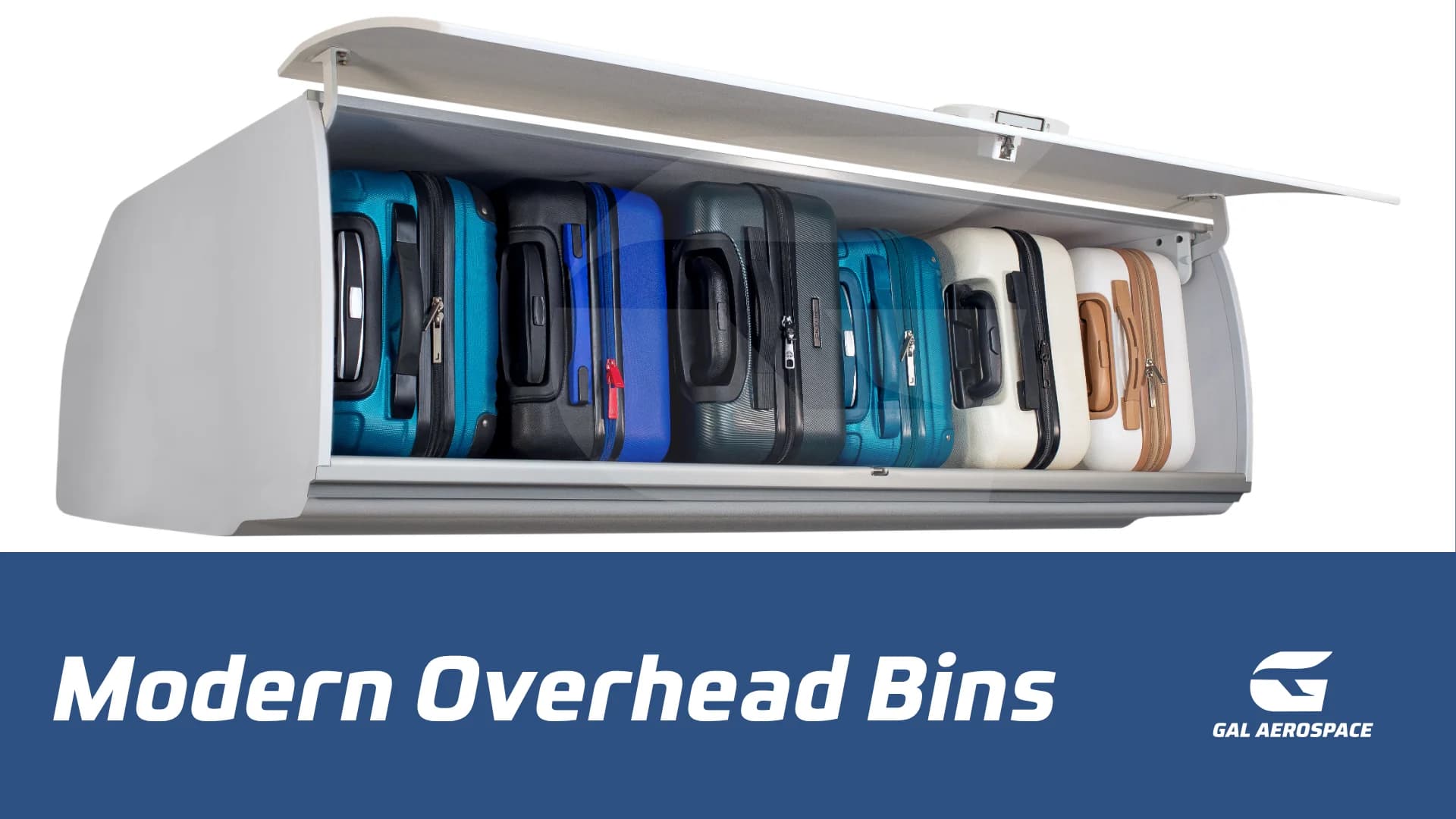 Modern shelf-style aircraft overhead bin with expanded carry-on stowage volume in a narrowbody cabin.